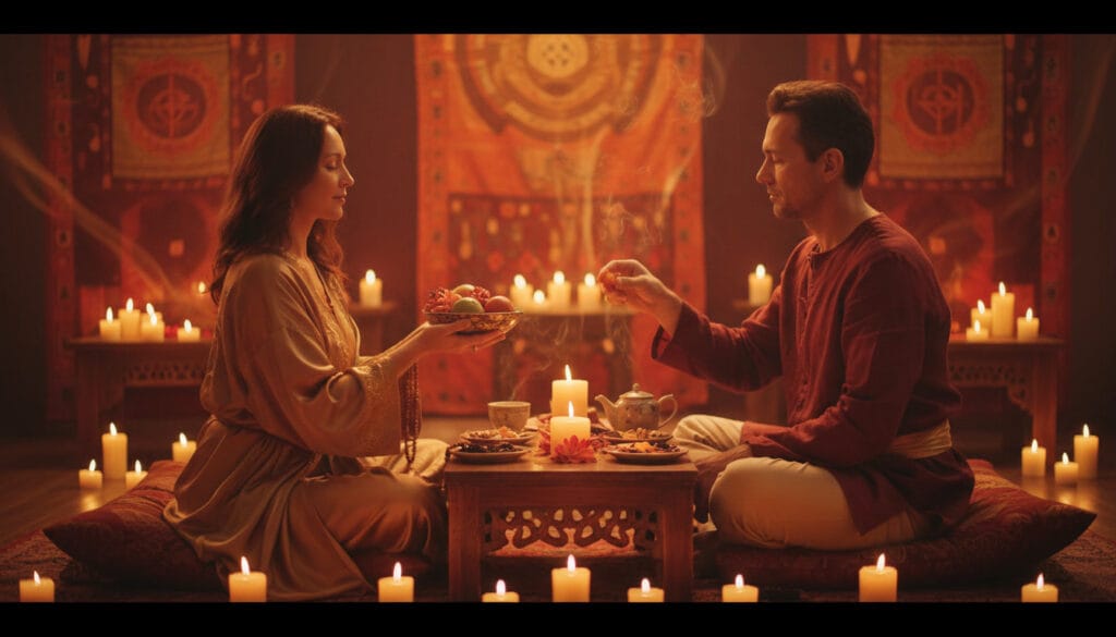 Pareja compartiendo comida en un ambiente cálido y meditativo, representando una cena tántrica guiada.